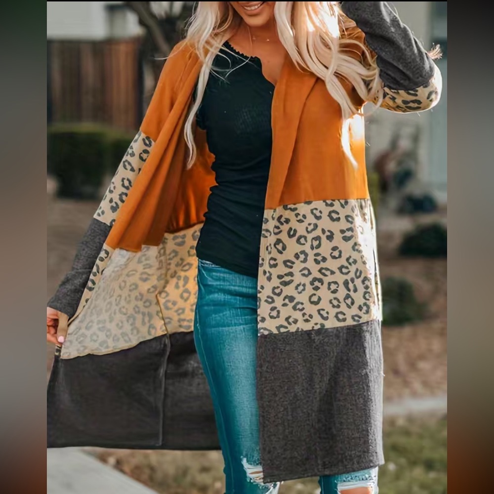 Plus Size 0XL Orange Leopard Print Colorblock Open Front Cardigan Duster Fall